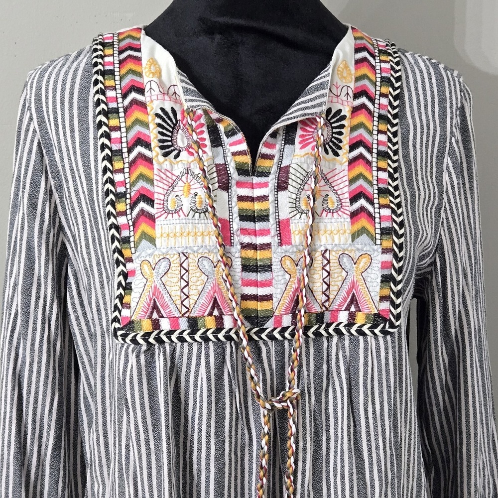 Philosophy Revolve Embroidered Tassel Striped Bohemian Tunic Dress Women's Sz L - Picture 7 of 13